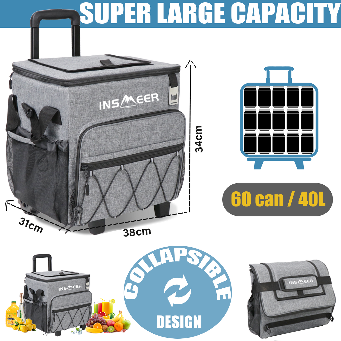 INSMEER 60 Can/40L Cooler with Wheels