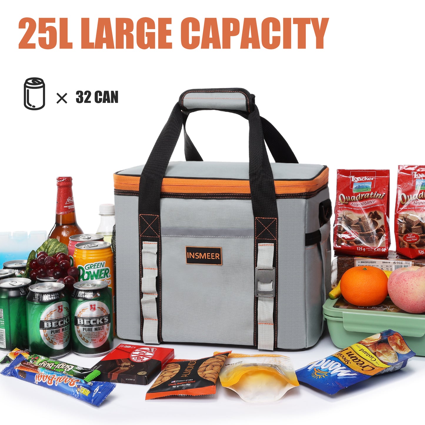 INSMEER 25L 32Cans Insulated Cooler Bag Grey