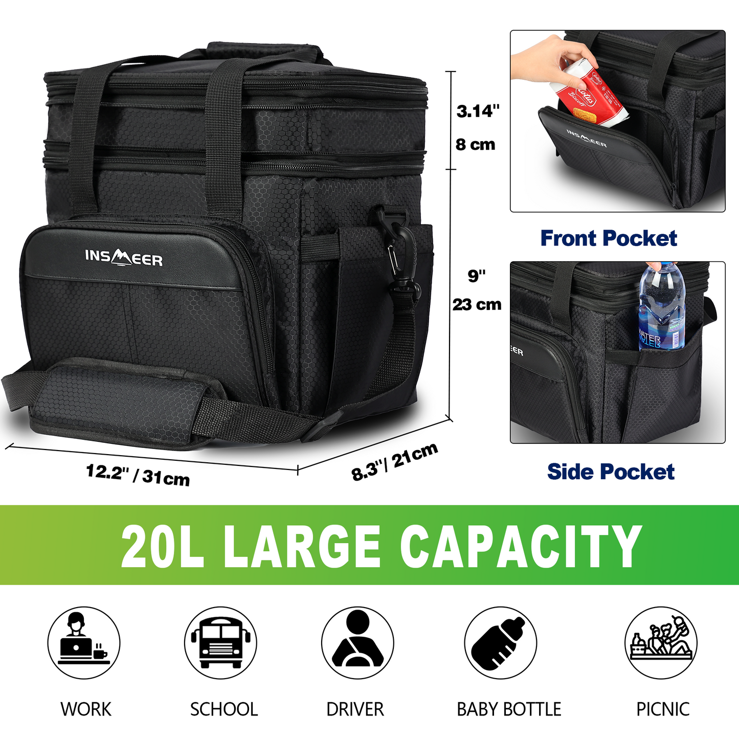 INSMEER 20L Expandable Lunch Bag Black