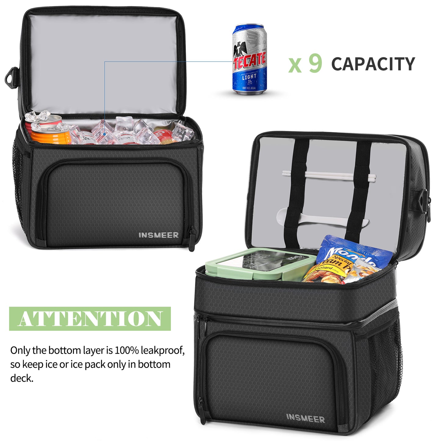 INSMEER 20L 3 layer Lunch Bags Black