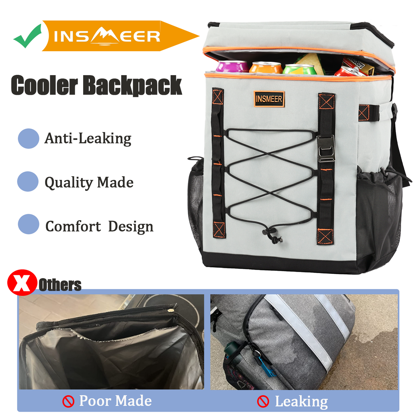 INSMEER 30L Large Cooler Backpack Grey