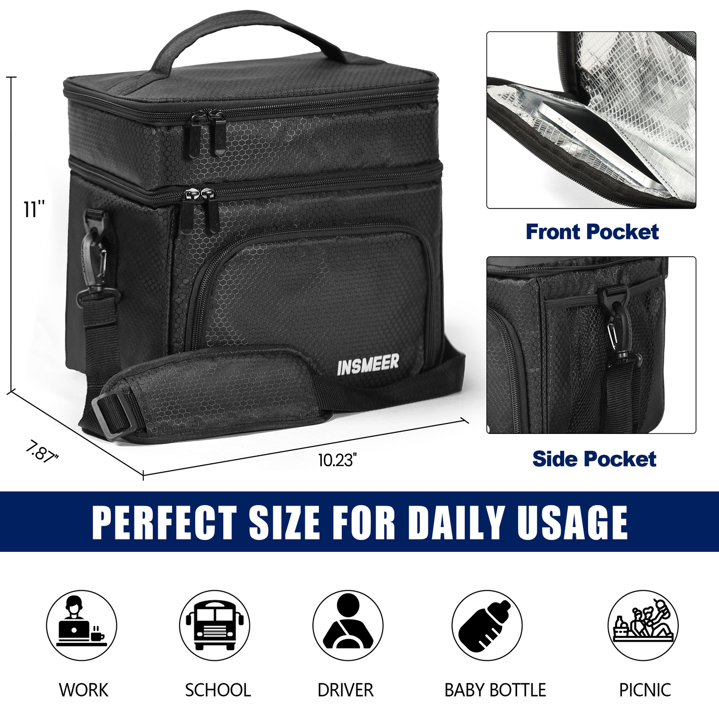 INSMEER 16L 2 Layer Lunch bag Black