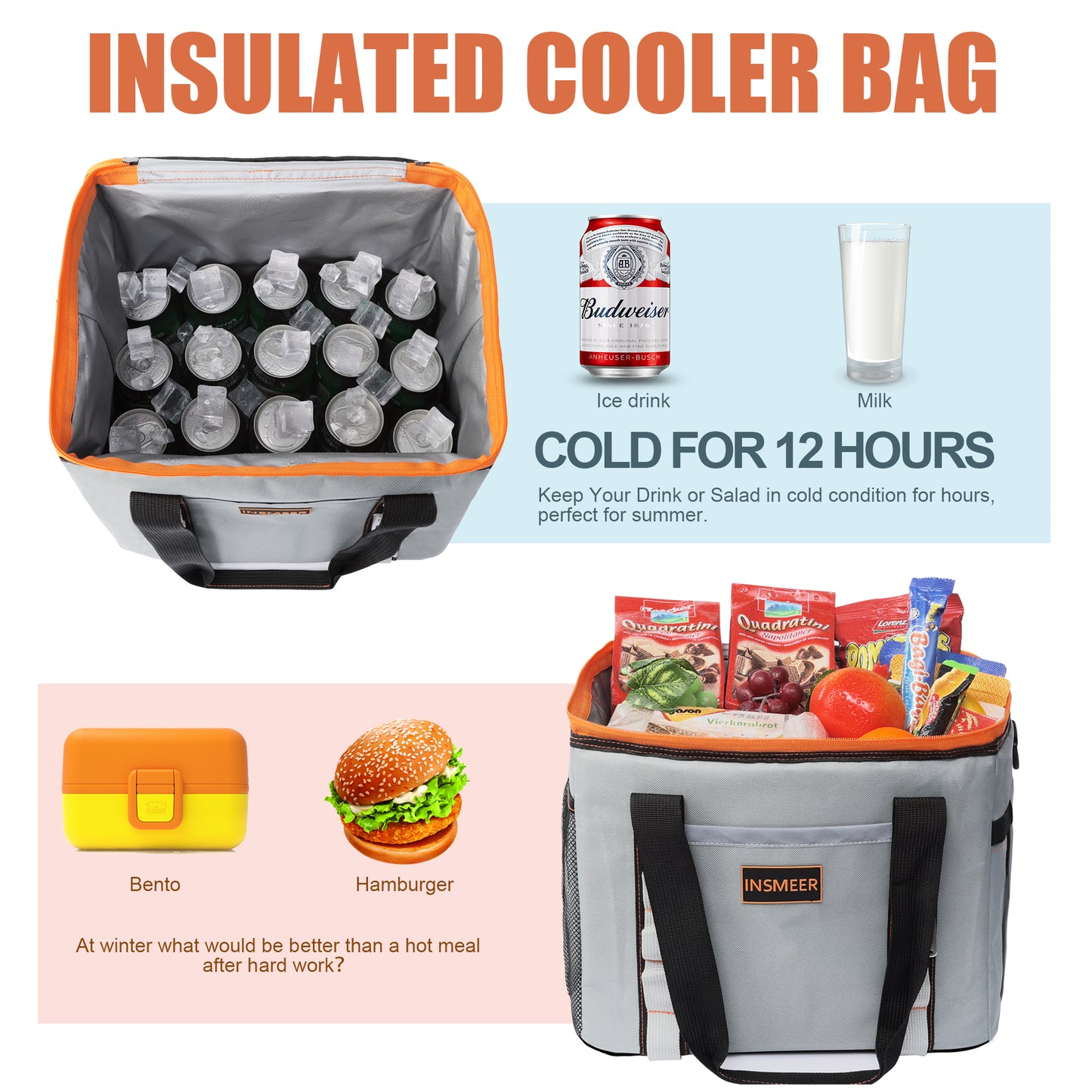 INSMEER 25L 32Cans Insulated Cooler Bag Grey