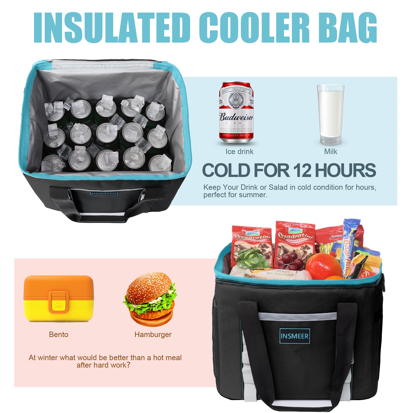 INSMEER 25L 32Cans Insulated Cooler Bag Black