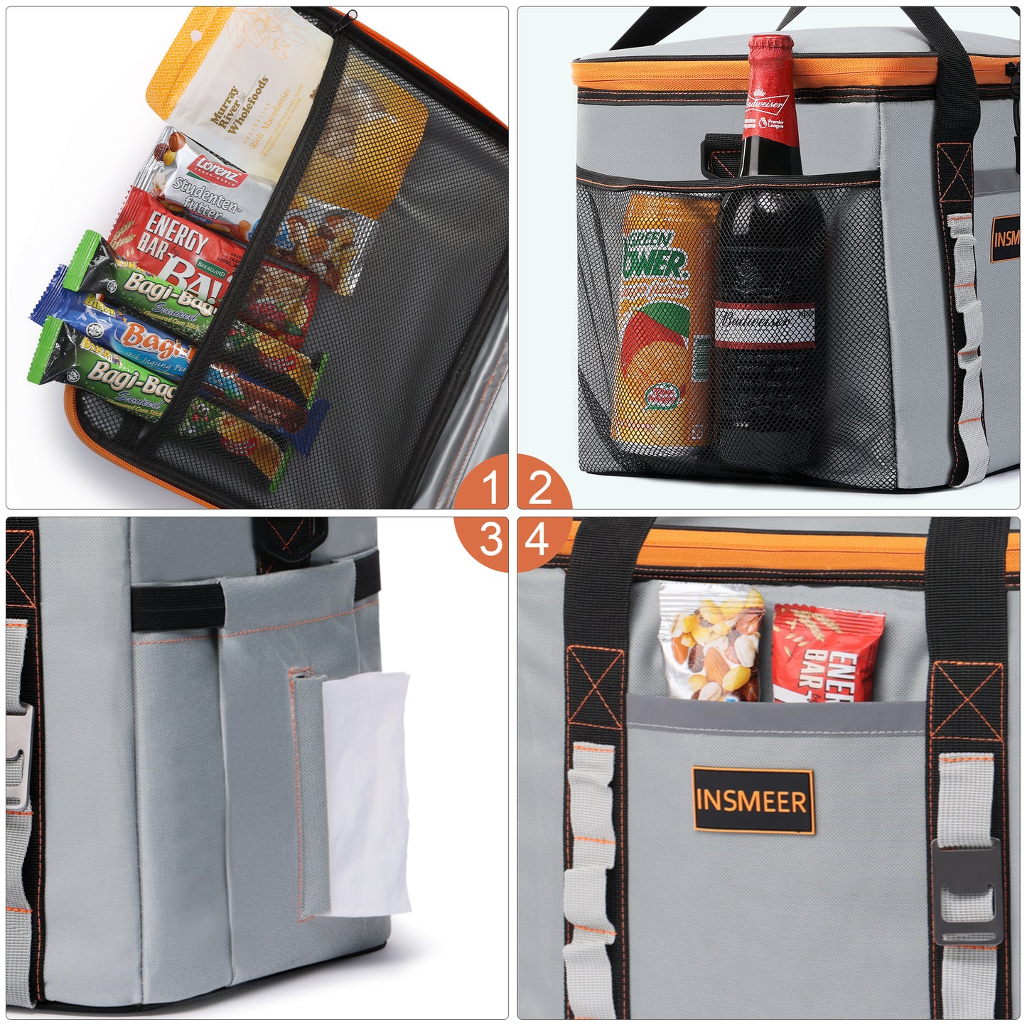 INSMEER 25L 32Cans Insulated Cooler Bag Grey