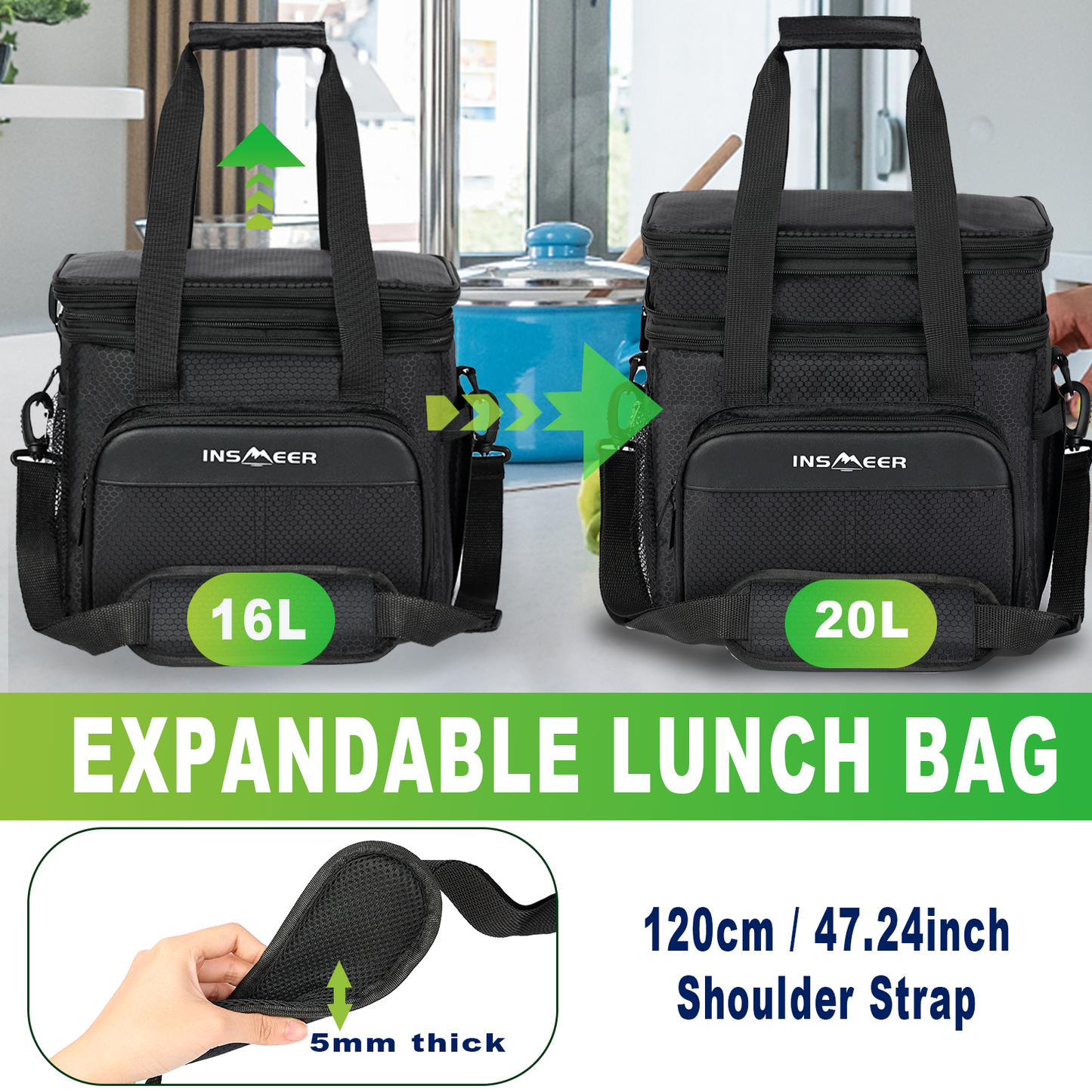 INSMEER 20L Expandable Lunch Bag Black