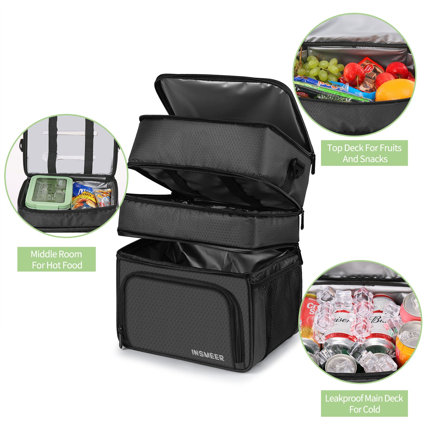 INSMEER 20L 3 layer Lunch Bags Black