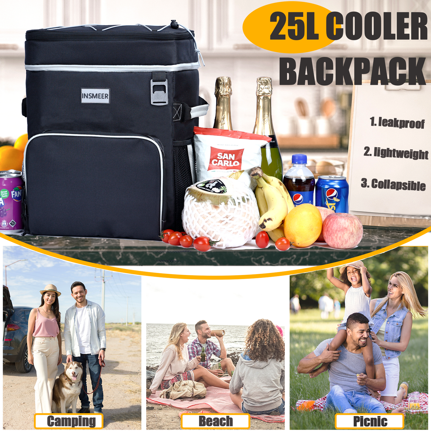 INSMEER 25L 2 Layer Cooler Backpack Black