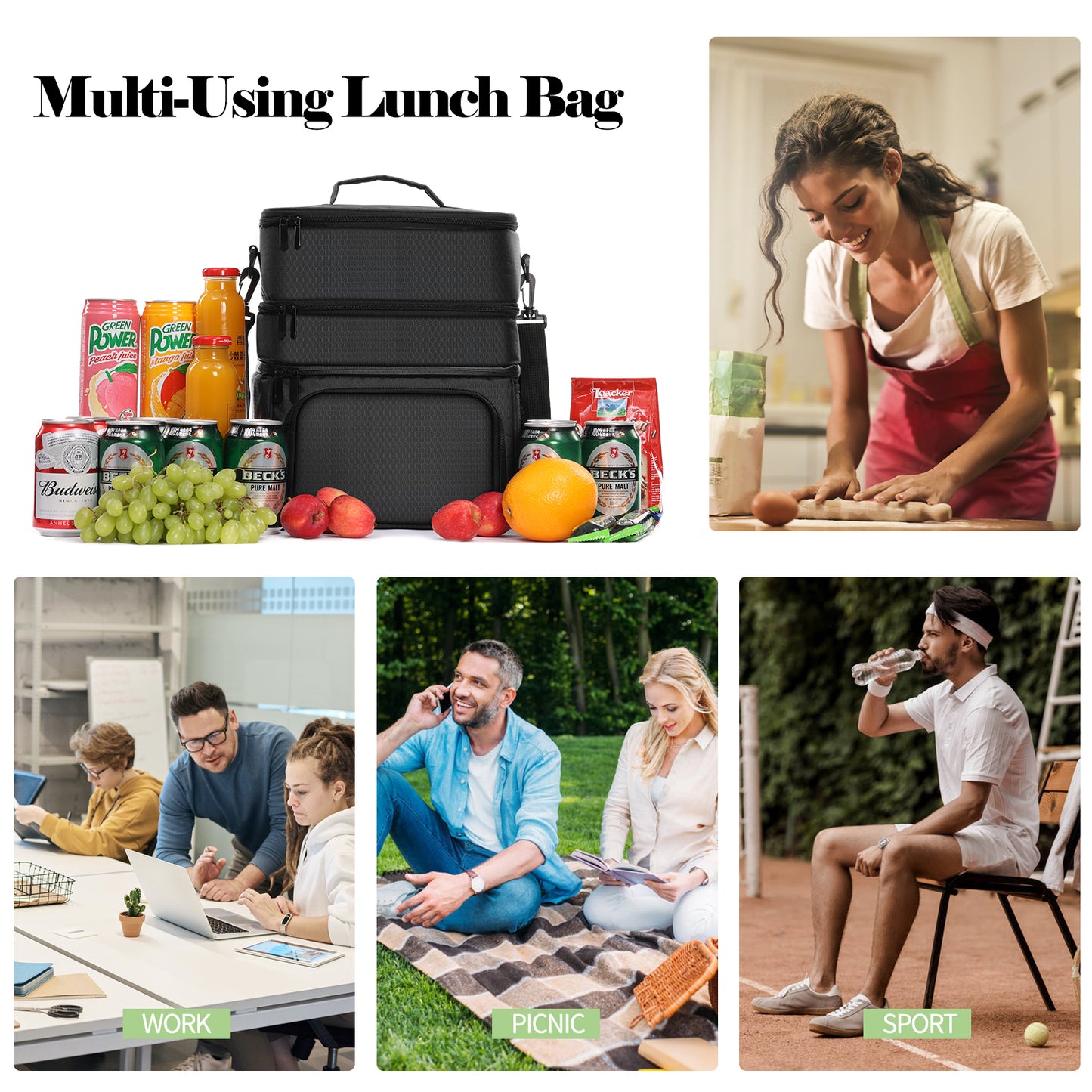 INSMEER 20L 3 layer Lunch Bags Black