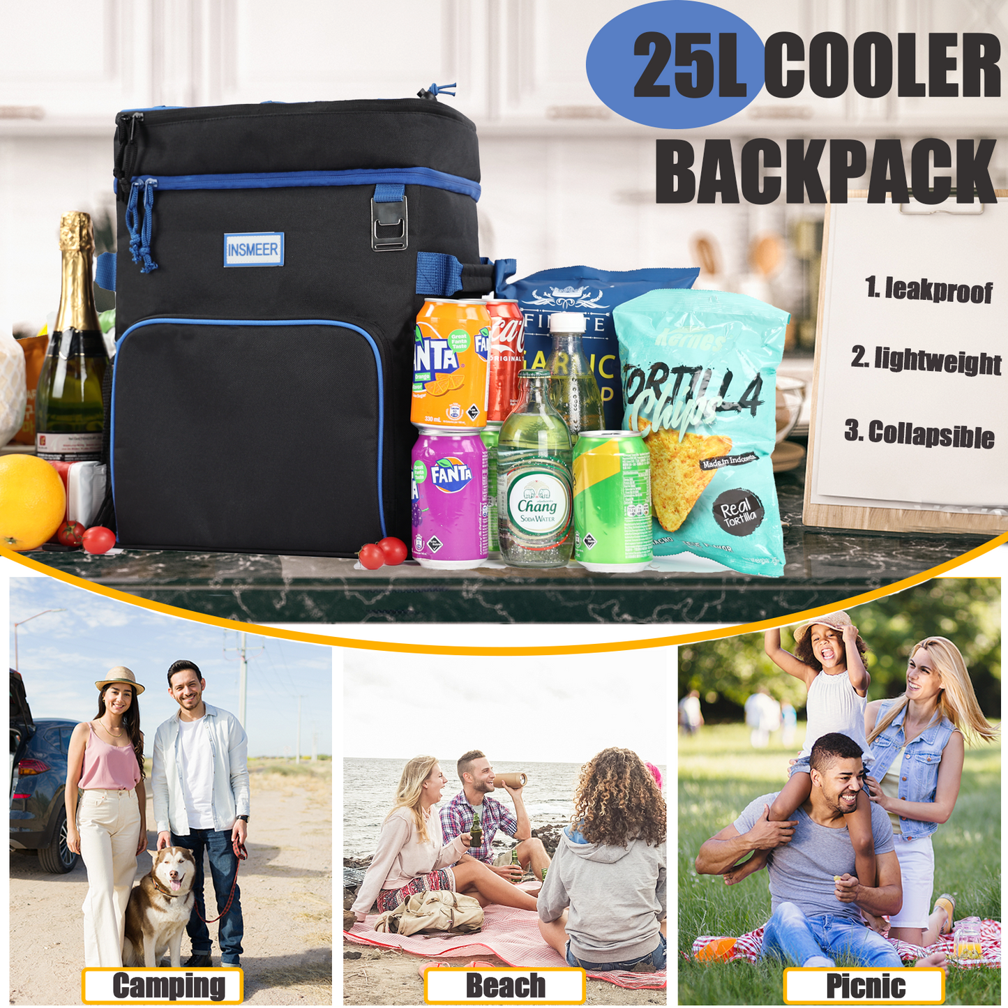 INSMEER 25L 2 Layer Cooler Backpack Blue