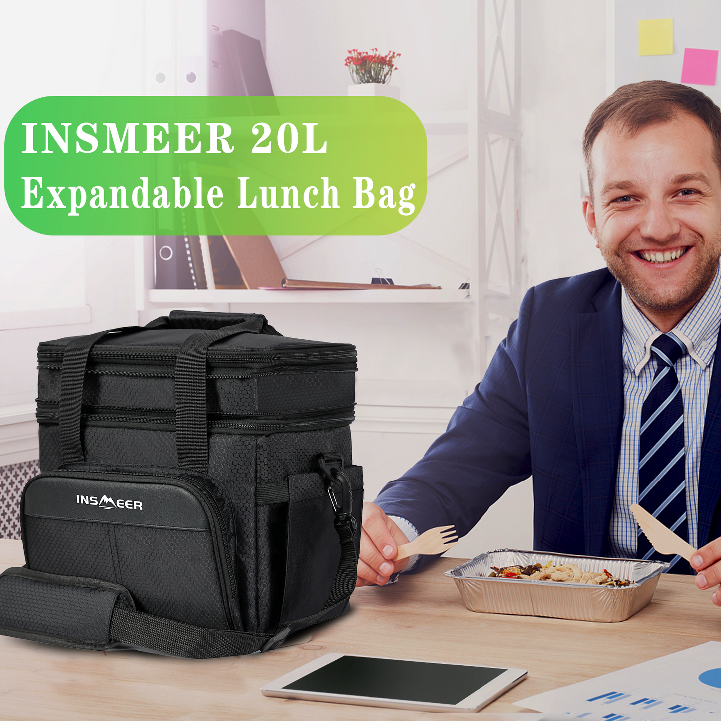 INSMEER 20L Expandable Lunch Bag Black