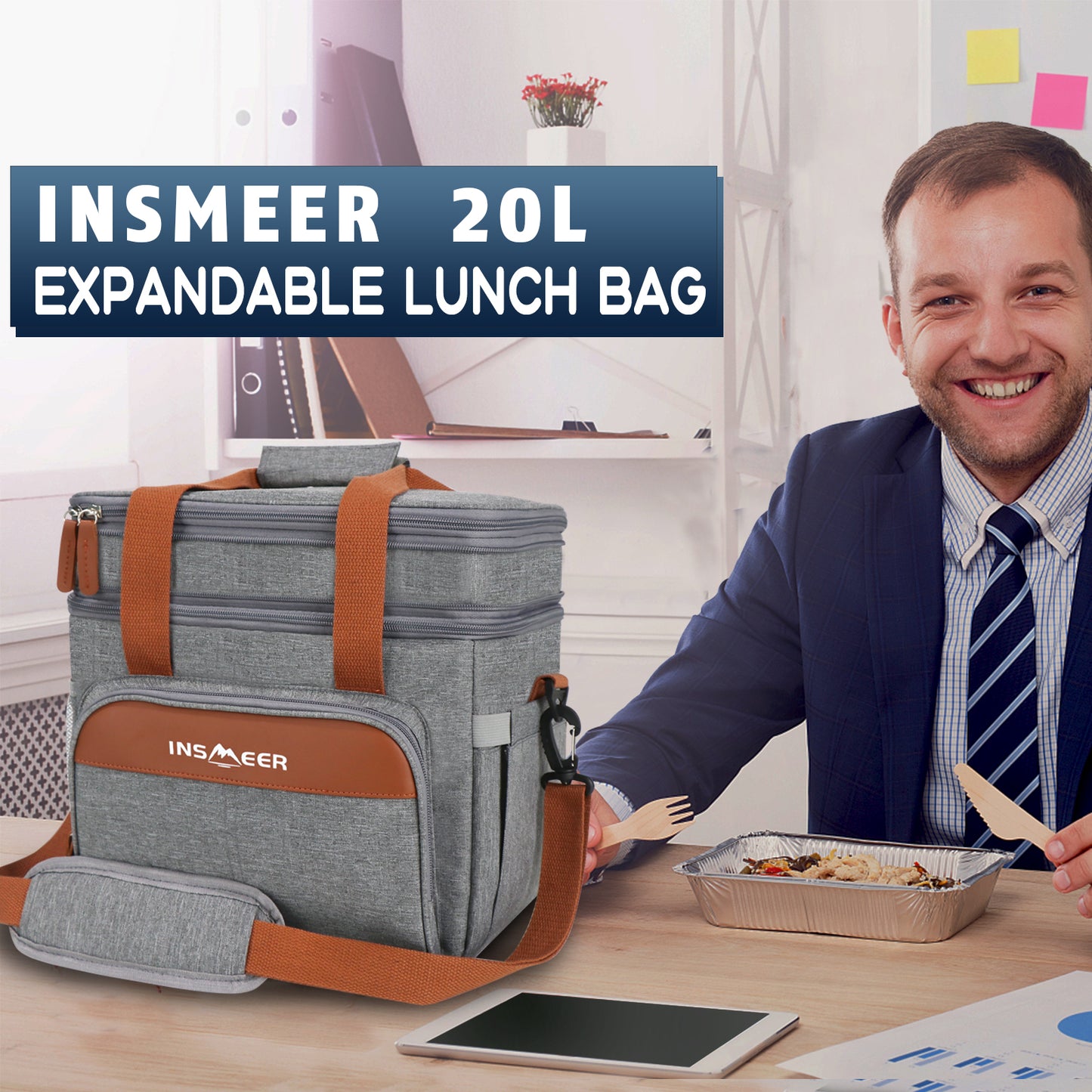 INSMEER 20L Expandable Lunch Bag Grey